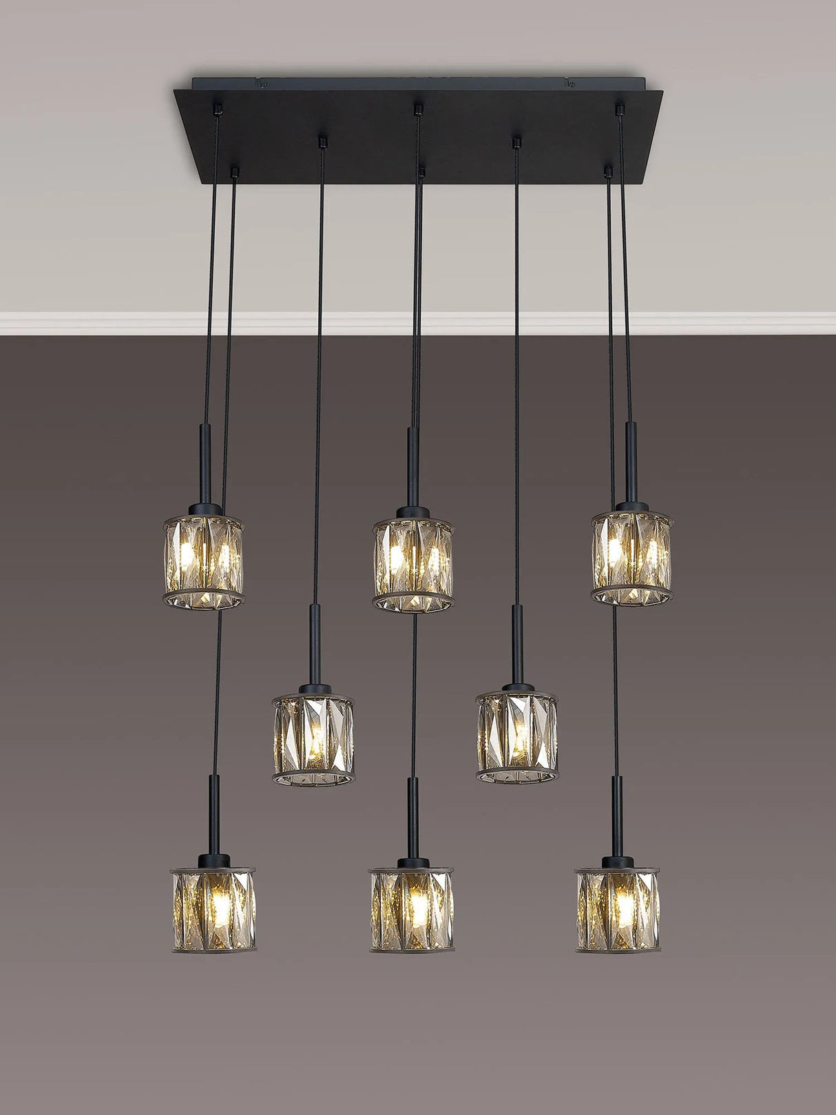 Swindlehirs 8 x G9 2m Rectangle Multiple Pendant Satin Black/Smoke Crystal Shade