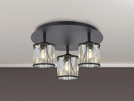 Swindlehirs Satin Black Round 3 x G9 35cm Flush Light With Clear Crystal