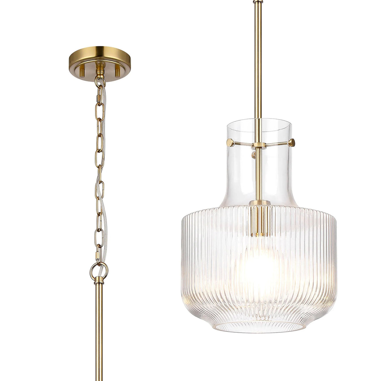 Traiantis Fluted Ribbed Glass Pendant, 1 x E27, Gold/Clear Glass