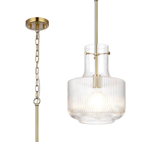 Traiantis Fluted Ribbed Glass Pendant, 1 x E27, Gold/Clear Glass
