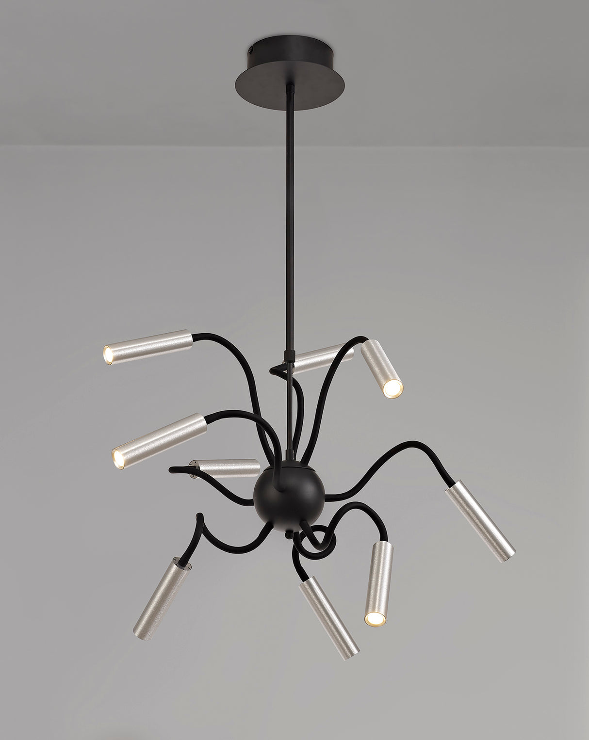 Ursemsen Sputnik Pendant, 9 Light Adjustable Arms, 9 x 4W LED Dimmable, 3000K, 2250lm, Black/Aluminium, 3yrs Warranty
