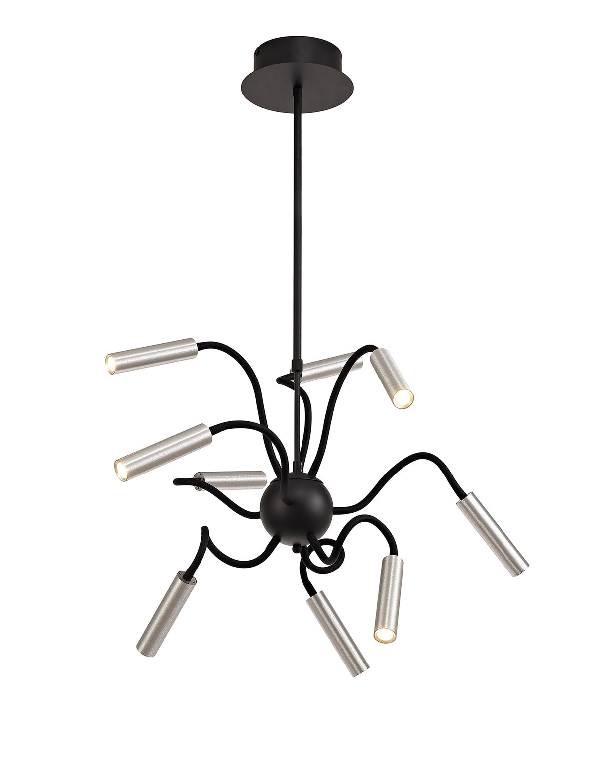 Ursemsen Sputnik Pendant, 9 Light Adjustable Arms, 9 x 4W LED Dimmable, 3000K, 2250lm, Black/Aluminium, 3yrs Warranty
