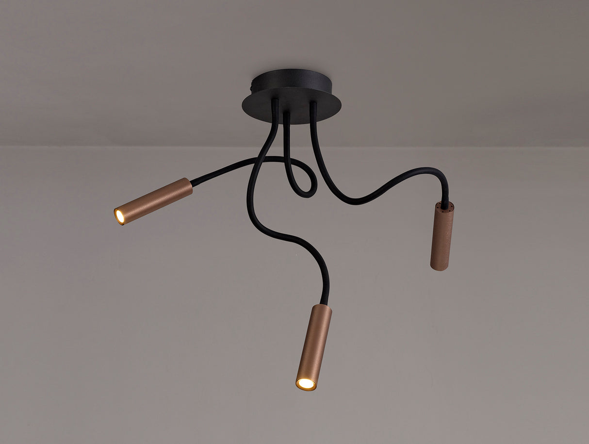 Ursemsen Ceiling, 3 Light Adjustable Arms, 3 x 5W LED Dimmable, 3000K, 930lm, Black/Satin Copper, 3yrs Warranty