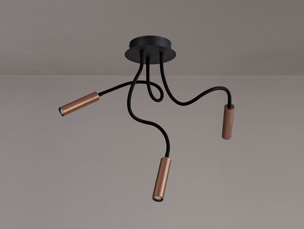 Ursemsen Ceiling, 3 Light Adjustable Arms, 3 x 5W LED Dimmable, 3000K, 930lm, Black/Satin Copper, 3yrs Warranty