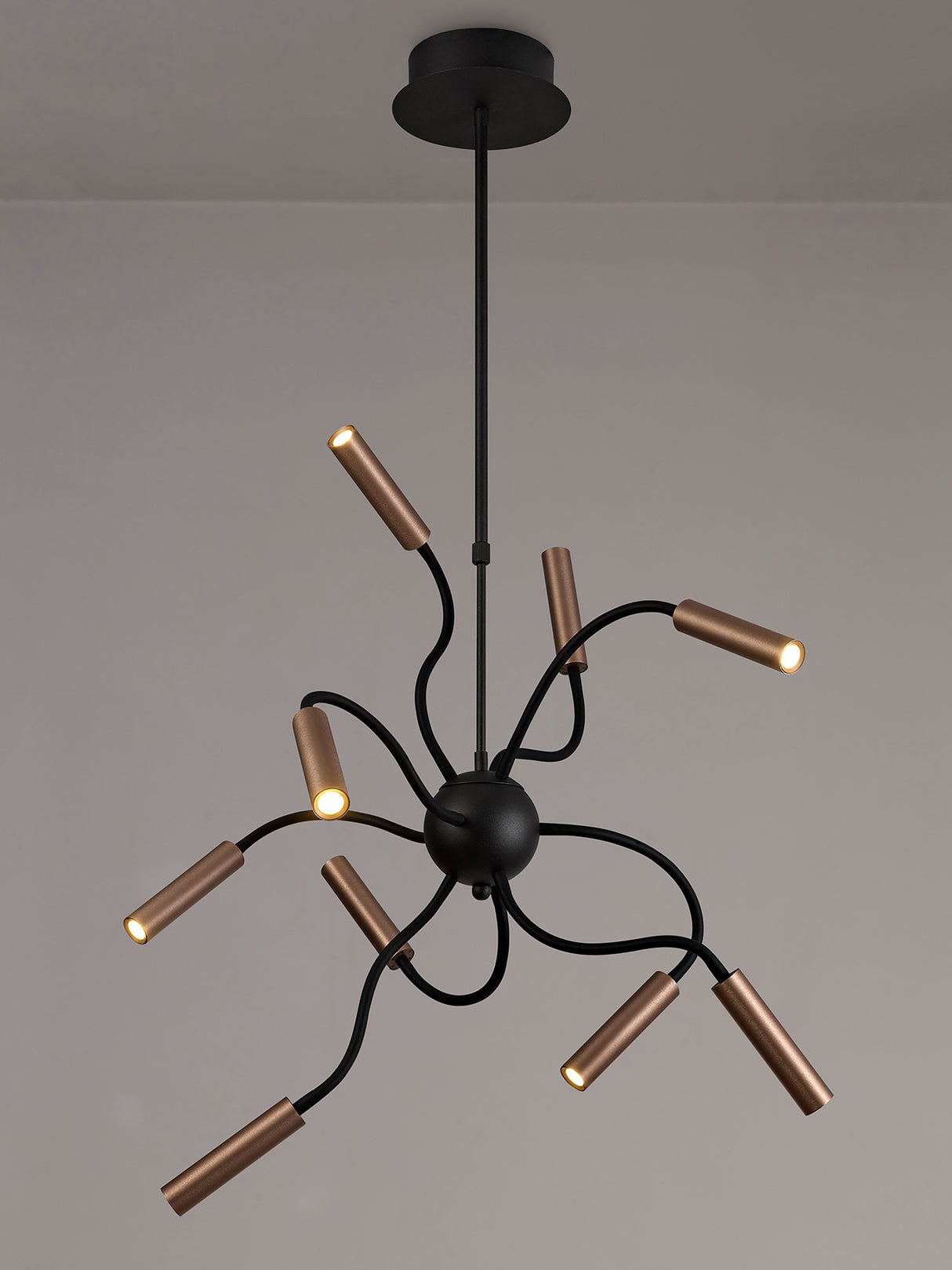 Ursemsen Sputnik Pendant, 9 Light Adjustable Arms, 9 x 4W LED Dimmable, 3000K, 2250lm, Black/Satin Copper, 3yrs Warranty