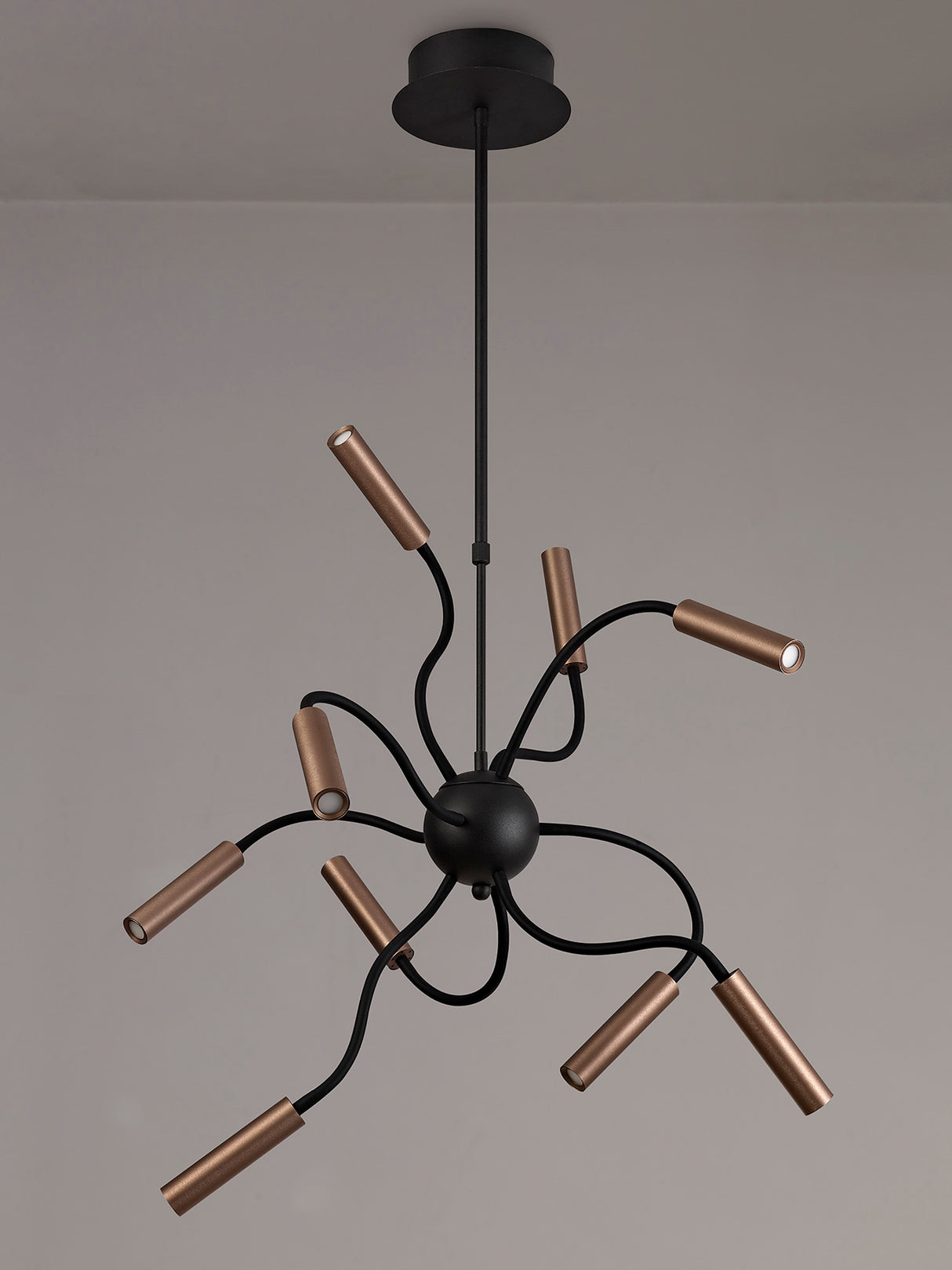 Ursemsen Sputnik Pendant, 9 Light Adjustable Arms, 9 x 4W LED Dimmable, 3000K, 2250lm, Black/Satin Copper, 3yrs Warranty