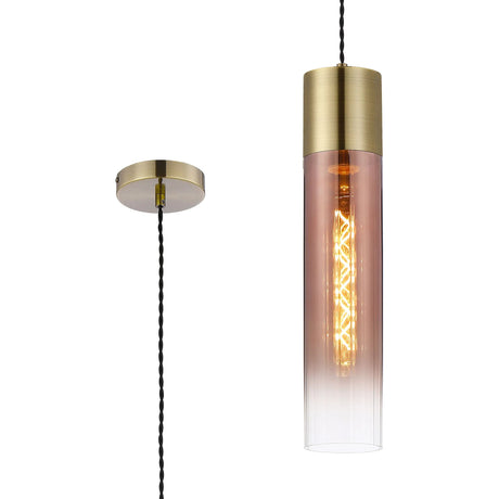 Usher Pendant With Tubular Glass, 1 x E27, Antique Brass/Copper Fade/Black Braided Twisted Cable