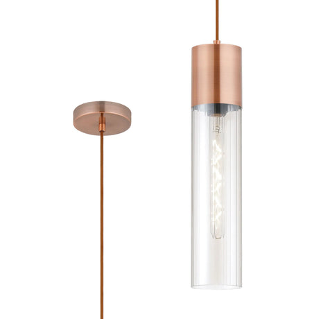 Usher Pendant With Tubular Glass, 1 x E27, Antique Copper/Clear/Brown Braided Cable