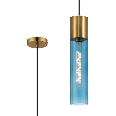 Usher Pendant With Tubular Glass, 1 x E27, Aged Brass/Blue/Black Braided Cable