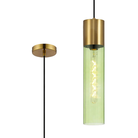 Usher Pendant With Tubular Glass, 1 x E27, Aged Brass/Green/Black Braided Cable
