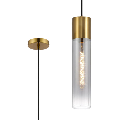 Usher Pendant With Tubular Glass, 1 x E27, Aged Brass/Smoke Fade/Black Braided Cable