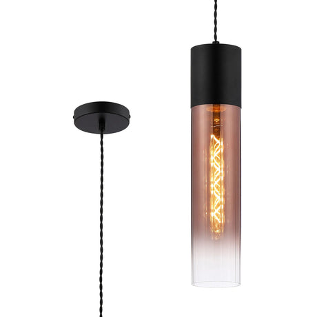 Usher Pendant With Tubular Glass, 1 x E27, Satin Black/Copper Fade/Black Braided Twisted Cable