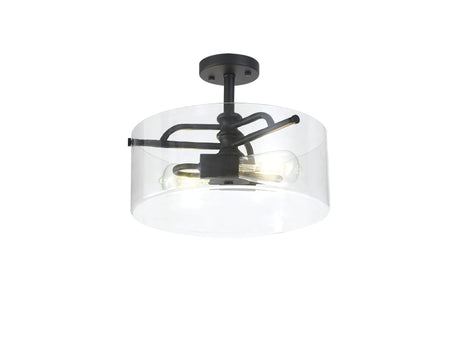 Venison Semi Flush Ceiling, 2 x E27, Sand Black/Clear Glass
