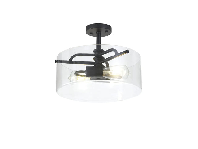 Venison Semi Flush Ceiling, 2 x E27, Sand Black/Clear Glass