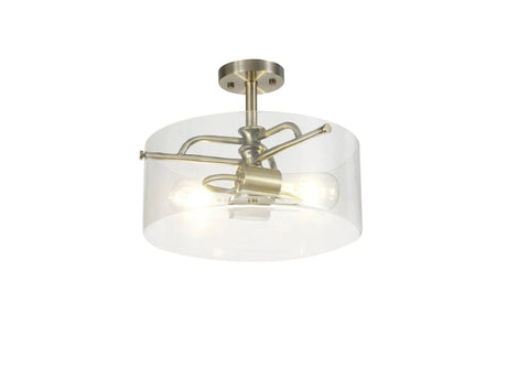 Venison Semi Flush Ceiling, 2 x E27, Antique Brass/Clear Glass