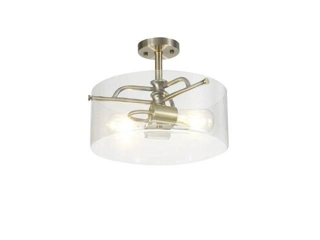 Venison Semi Flush Ceiling, 2 x E27, Antique Brass/Clear Glass