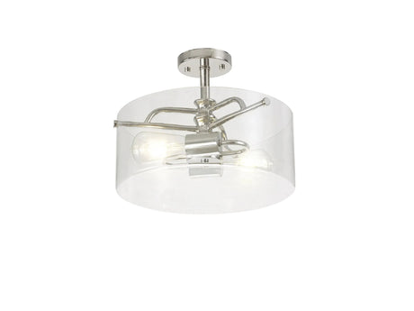 Venison Semi Flush Ceiling, 2 x E27, Polished Nickel/Clear Glass