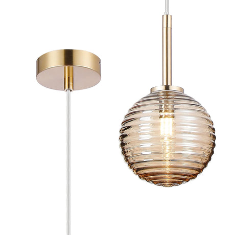 Whitley 12cm Adjustable Pendant, 1 Light G9, IP44, Brass Gold/Amber Ribbed Round Glass