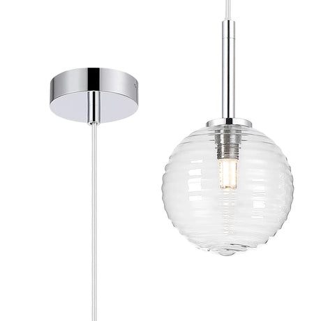 Whitley 12cm Adjustable Pendant, 1 Light G9, IP44, Polished Chrome/Clear Ribbed Round Glass