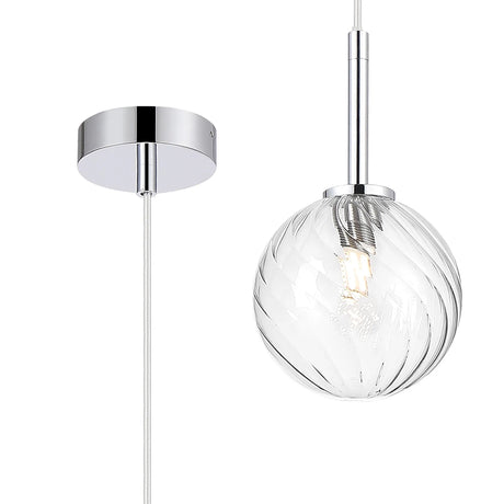 Whitley 12cm Adjustable Pendant, 1 Light G9, IP44, Polished Chrome/Clear Swirl Round Glass