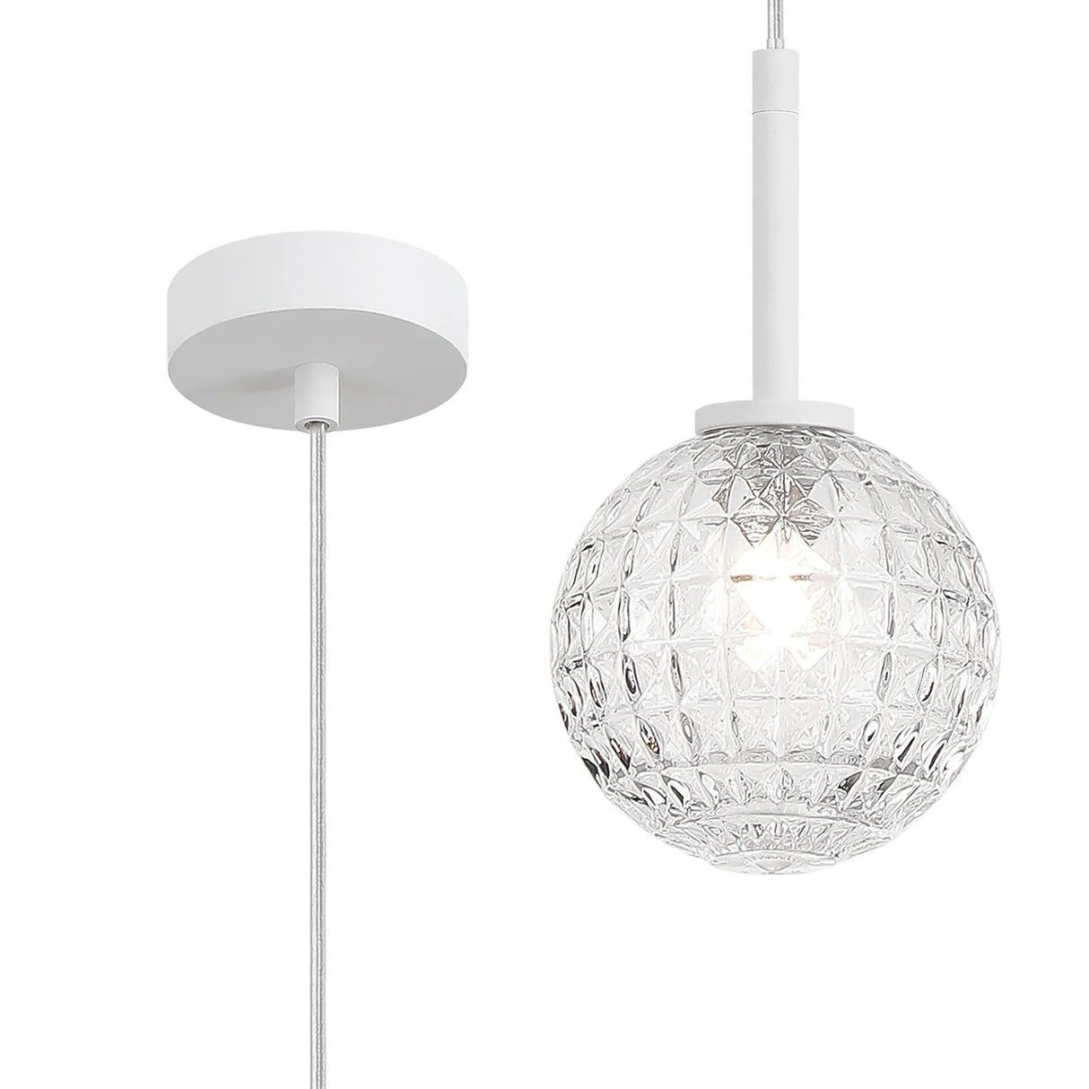 Whitley 12cm Adjustable Pendant, 1 Light G9, IP44, Satin White/Clear Cross Pattern Round Glass