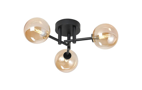 Whitley 44.5cm Semi Flush Ceiling Round, 3 Light G9, IP44, Satin Black/Amber Smooth Round Glass