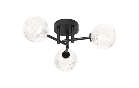 Whitley 44.5cm Semi Flush Ceiling Round, 3 Light G9, IP44, Satin Black/Clear Dune Effect Round Glass
