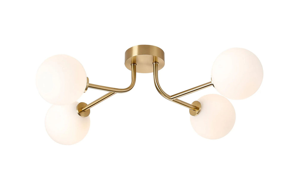 Whitley Linear Semi Flush Ceiling, 4 Light G9, IP44, Brass Gold/Opal Smooth Round Glass