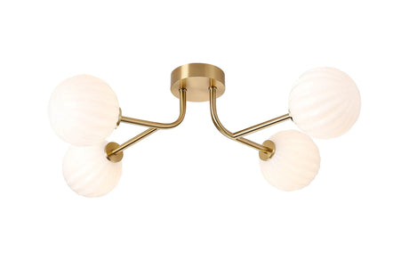 Whitley Linear Semi Flush Ceiling, 4 Light G9, IP44, Brass Gold/Opal Round Segment Glass
