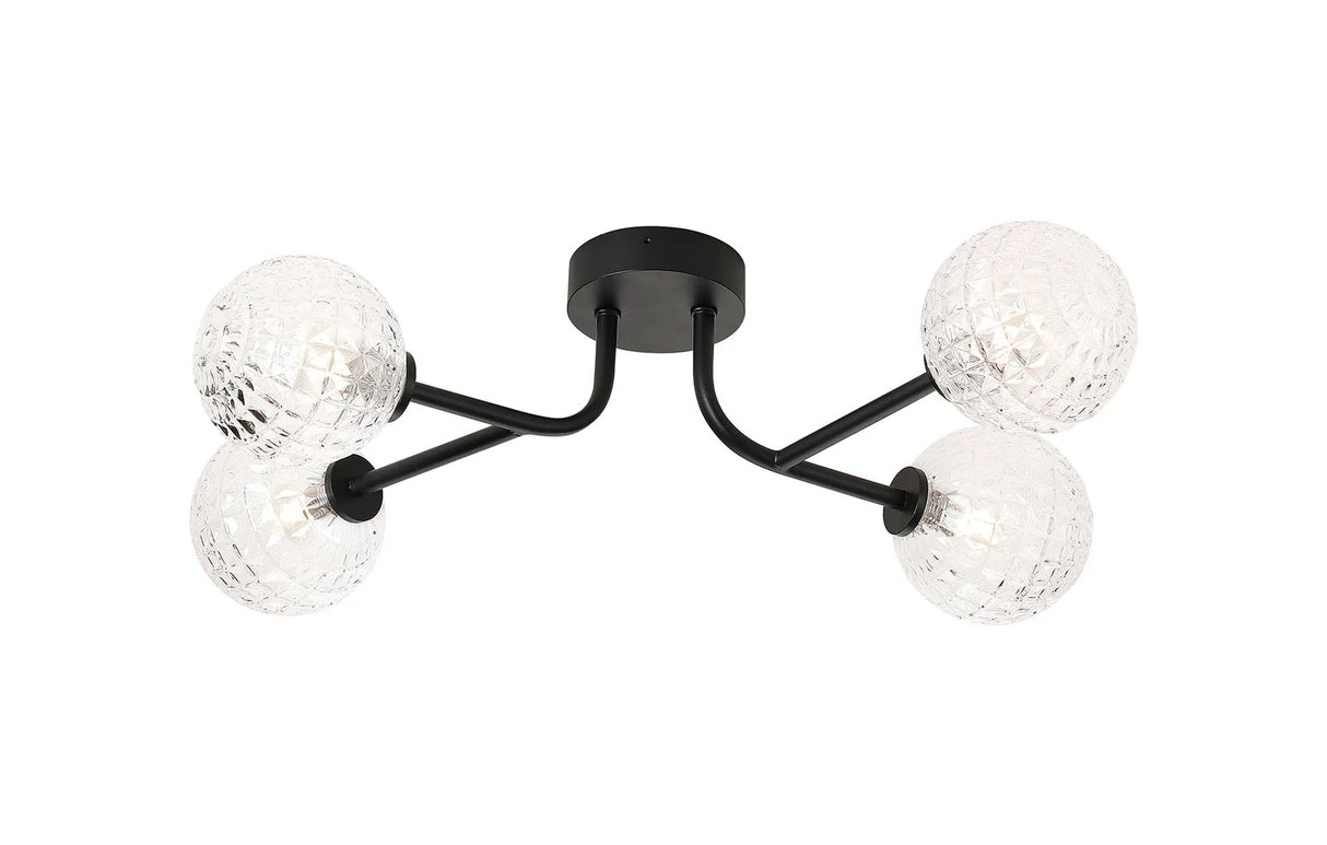Whitley Linear Semi Flush Ceiling 4 Light IP44 Satin Black/Clear Cross Pattern Round Glass