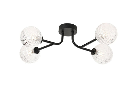 Whitley Linear Semi Flush Ceiling 4 Light IP44 Satin Black/Clear Cross Pattern Round Glass