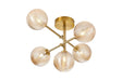 Whitley Semi Flush Ceiling 5 Light Tiered Adjustable Arms IP44 Brass Gold/Amber Ribbed Round Glass