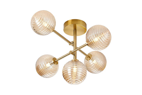 Whitley Semi Flush Ceiling 5 Light Tiered Adjustable Arms IP44 Brass Gold/Amber Ribbed Round Glass
