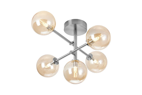 Whitley Semi Flush Ceiling Tiered Adjustable Arms, 5 Light G9, IP44, Polished Chrome/Amber Smooth Round Glass