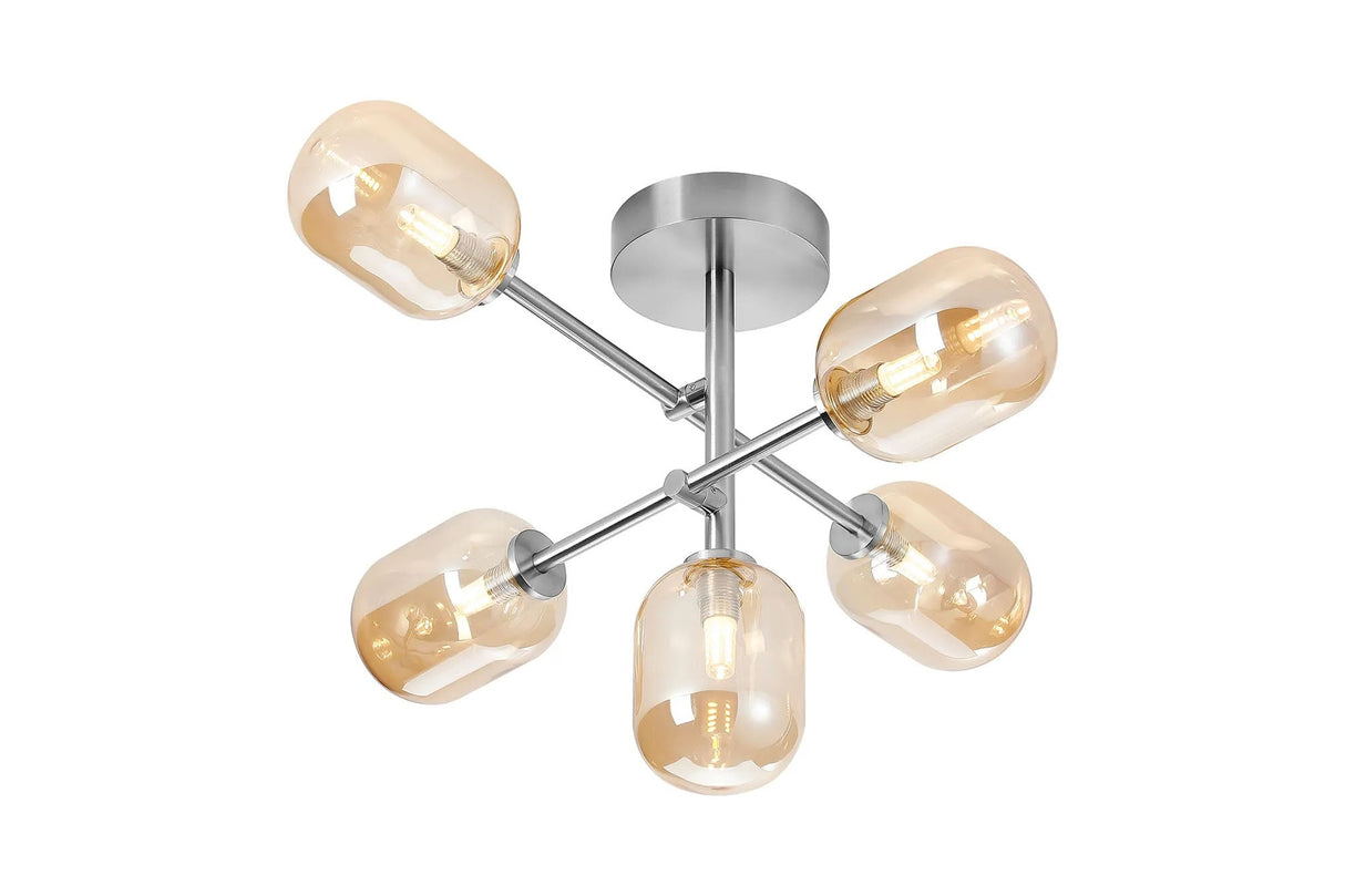 Whitley Semi Flush Ceiling 5 Light Tiered Adjustable Arms IP44 Polished Chrome/Amber Smooth Tubular Glass