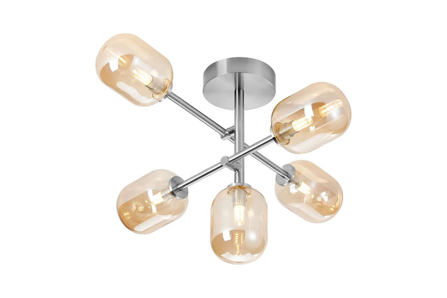 Whitley Semi Flush Ceiling 5 Light Tiered Adjustable Arms IP44 Polished Chrome/Amber Smooth Tubular Glass