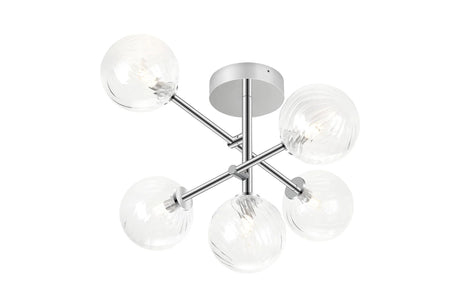 Whitley Semi Flush Ceiling 5 Light Tiered Adjustable Arms IP44 Polished Chrome/Clear Swirl Round Glass