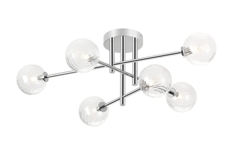 Whitley Semi Flush Ceiling 6 Light Tiered IP44 Polished Chrome/Clear Swirl Round Glass