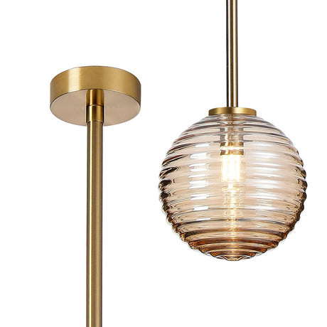 Whitley Telescopic Pendant 1 Light IP44 Brass Gold/Amber Ribbed Round Glass