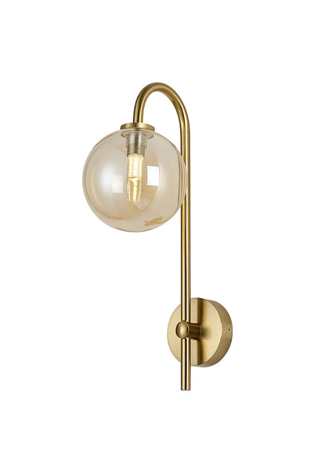 Whitley Curved Arm Wall Lamp 1 Light IP44 Brass Gold/Amber Smooth Round Glass