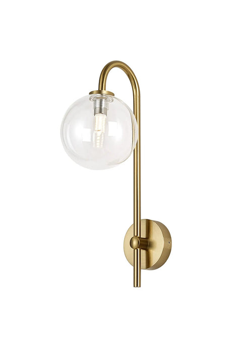 Whitley Curved Arm Wall Lamp 1 Light IP44 Brass Gold/Clear Smooth Round Glass
