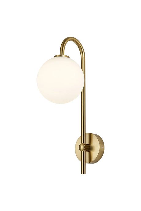 Whitley Curved Arm Wall Light, 1 Light G9, IP44, Brass Gold/Opal Smooth Round Glass