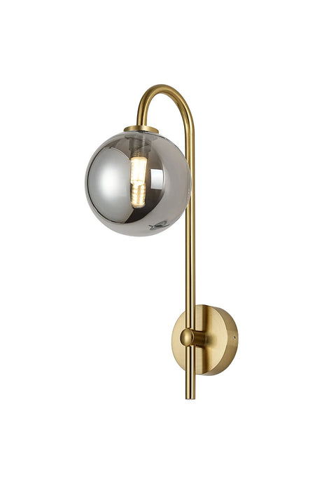 Whitley Curved Arm Wall Light, 1 Light G9, IP44, Brass Gold/Smoke Smooth Round Glass