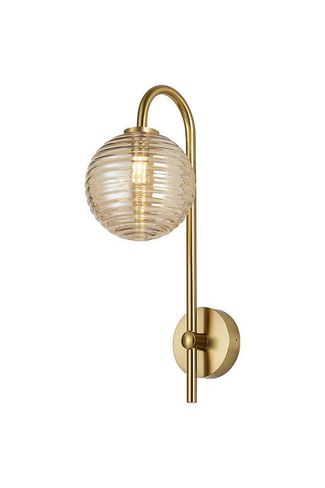 Whitley Curved Arm Wall Lamp 1 Light IP44 Brass Gold/Amber Ribbed Round Glass