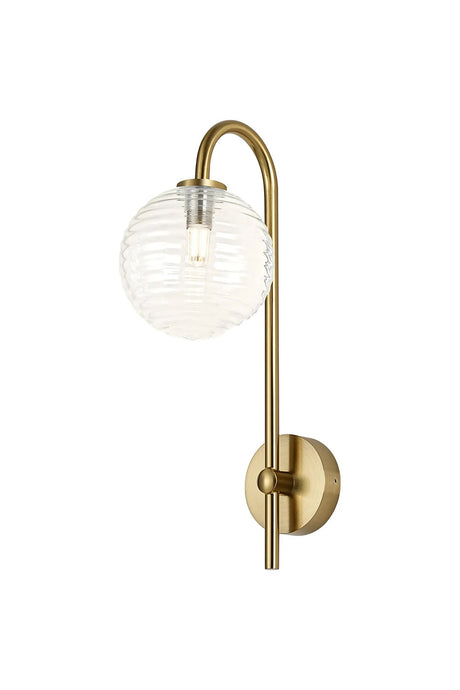 Whitley Curved Arm Wall Light, 1 Light G9, IP44, Brass Gold/Clear Ribbed Round Glass