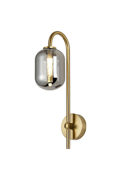 Whitley Curved Arm Wall Light, 1 Light G9, IP44, Brass Gold/Smoke Smooth Tubular Glass