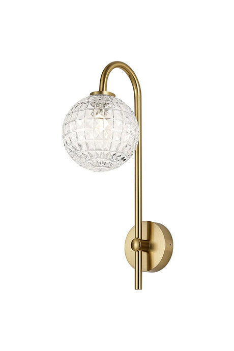 Whitley Curved Arm Wall Light, 1 Light G9, IP44, Brass Gold/Clear Cross Pattern Round Glass