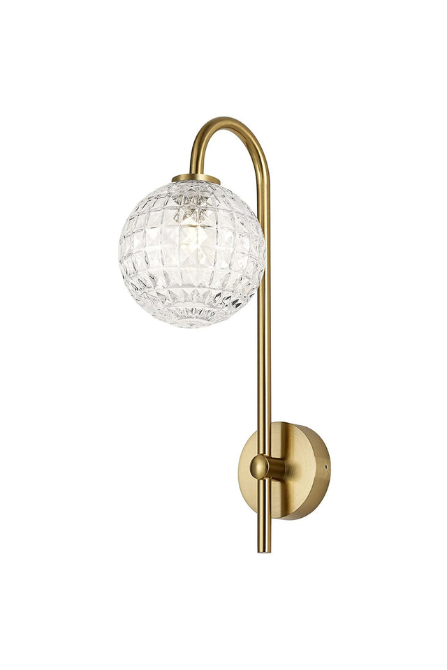 Whitley Curved Arm Wall Light, 1 Light G9, IP44, Brass Gold/Clear Cross Pattern Round Glass