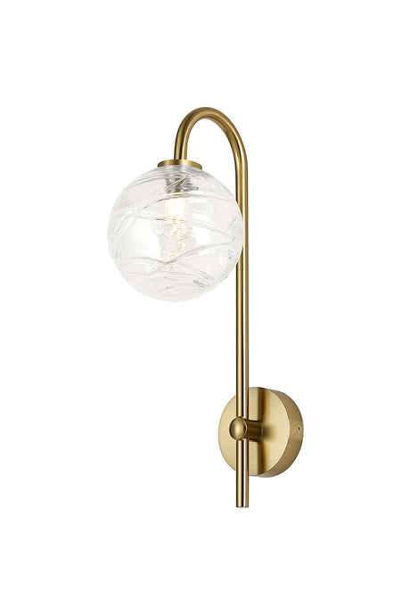 Whitley Curved Arm Wall Light, 1 Light G9, IP44, Brass Gold/Clear Dune Effect Round Glass