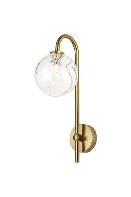 Whitley Curved Arm Wall Lamp 1 Light IP44 Brass Gold/Clear Waved Round Glass